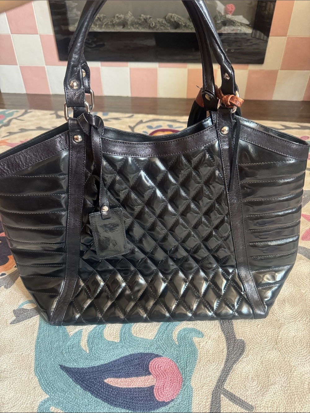 Quilted Black Leather Tote with Double Top Handles